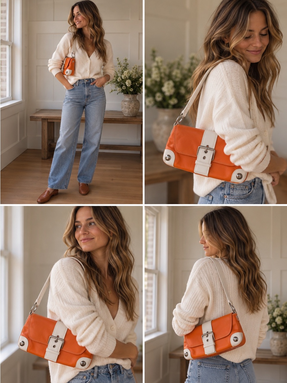 Vintage Danier Leather Orange and White Shoulder Bag with Buckle Accent